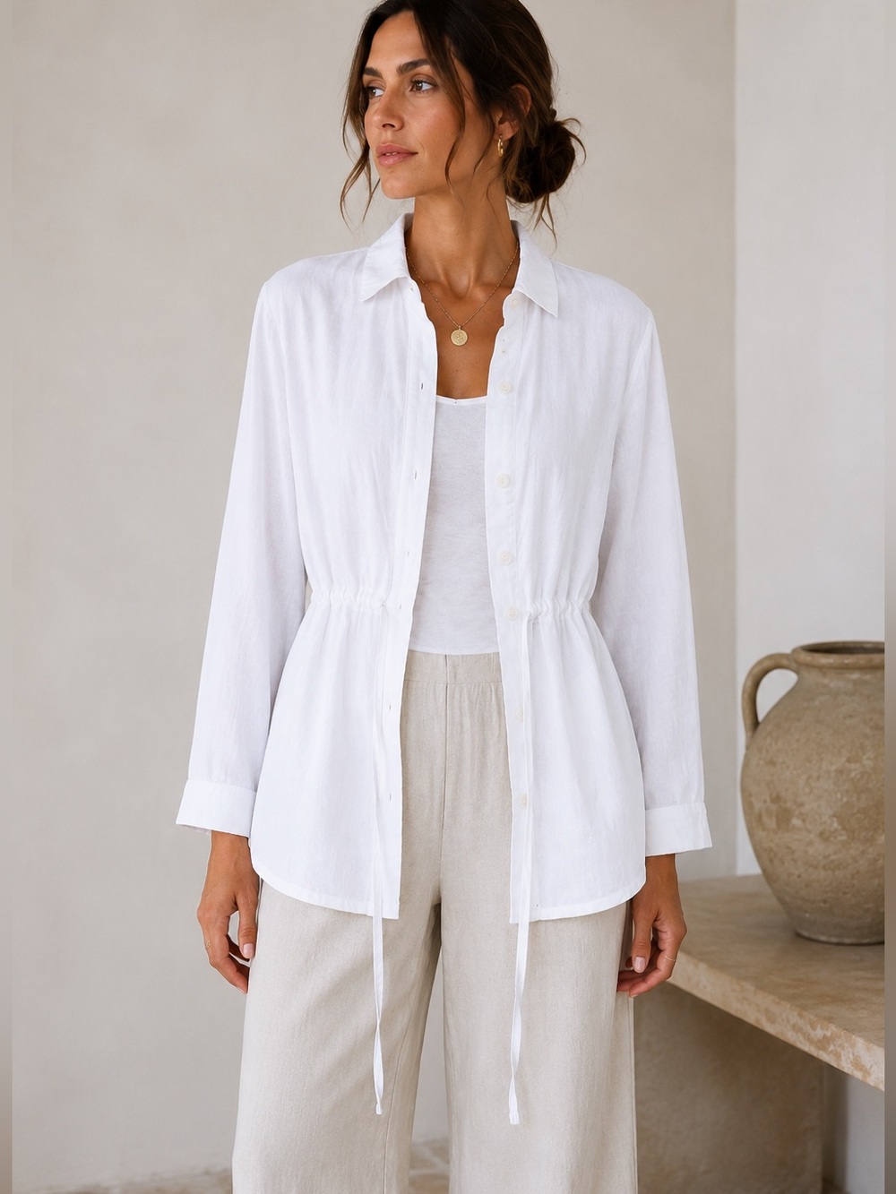 DKNY White Linen Blend Safari Shirt Jacket Coastal Quiet Luxury